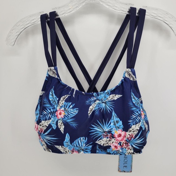 Yonique Other - Yonique Womens Tropical Floral Crisscross Back Bikini Swim Top Navy Blue Size M